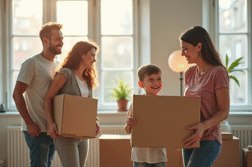 Famille heureuse déménageant dans un appartement lumineux
