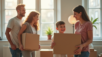 Famille heureuse déménageant dans un appartement lumineux