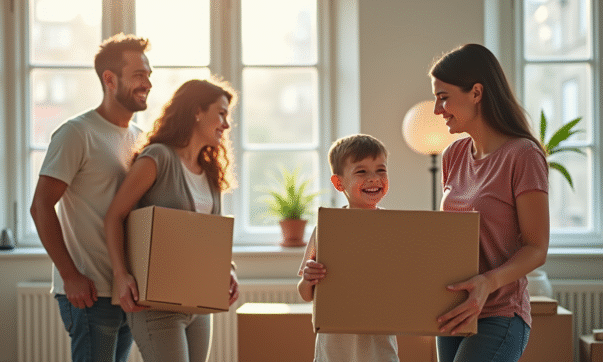 Famille heureuse déménageant dans un appartement lumineux