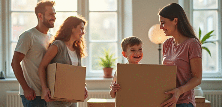 Famille heureuse déménageant dans un appartement lumineux
