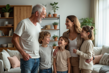 Famille multigenerations souriante dans un salon lumineux