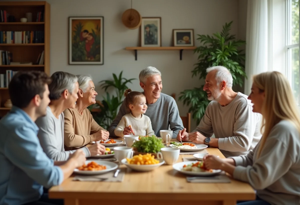 Famille multigenerations partageant un repas convivial