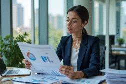 Femme d'affaires en costume bleu analysant des graphiques financiers