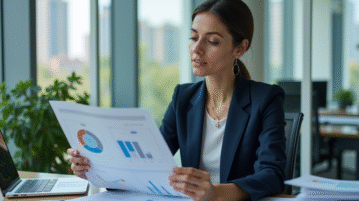 Femme d'affaires en costume bleu analysant des graphiques financiers