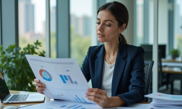 Femme d'affaires en costume bleu analysant des graphiques financiers