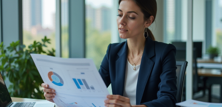 Femme d'affaires en costume bleu analysant des graphiques financiers
