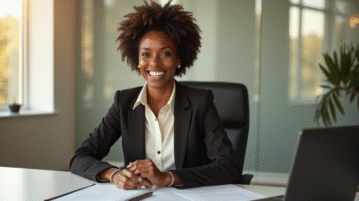 Femme africaine confiante au bureau lumineux et moderne