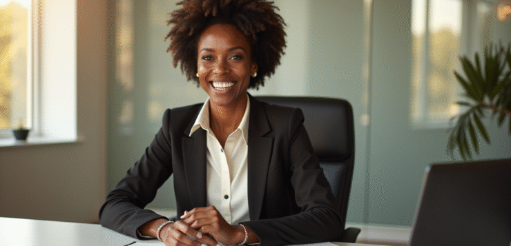 Profil : Kimberly Woodruff, parcours et projets connus Femme africaine confiante au bureau lumineux et moderne