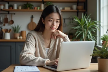 Jeune femme analyse des graphiques sur son ordinateur portable