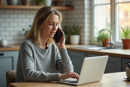 Femme en train d'appeler le service client Amazon depuis sa cuisine avec un smartphone, ordinateur portable ouvert sur une commande