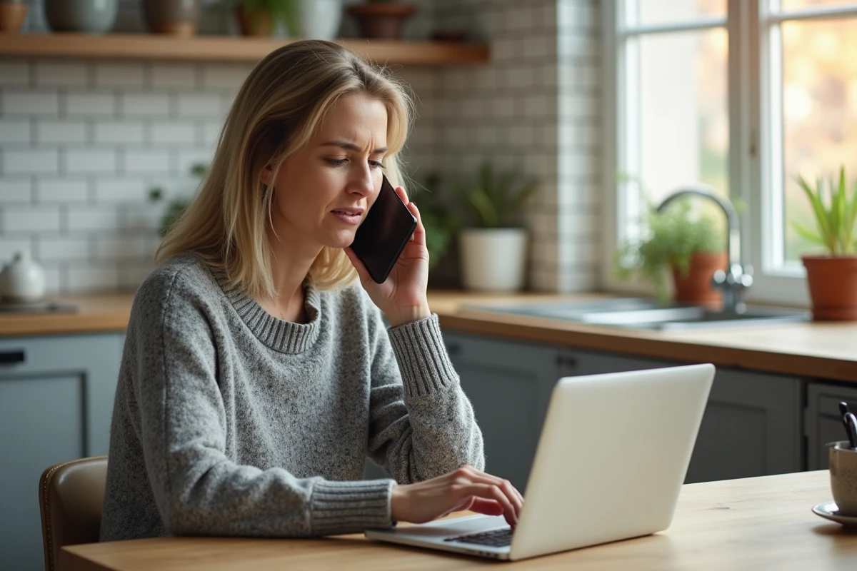 Femme en train d'appeler le service client Amazon depuis sa cuisine avec un smartphone, ordinateur portable ouvert sur une commande