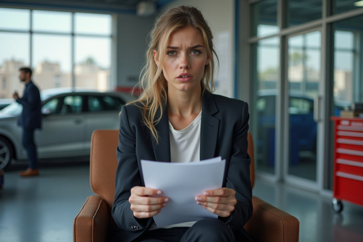 Femme anxieuse dans un atelier de réparation automobile