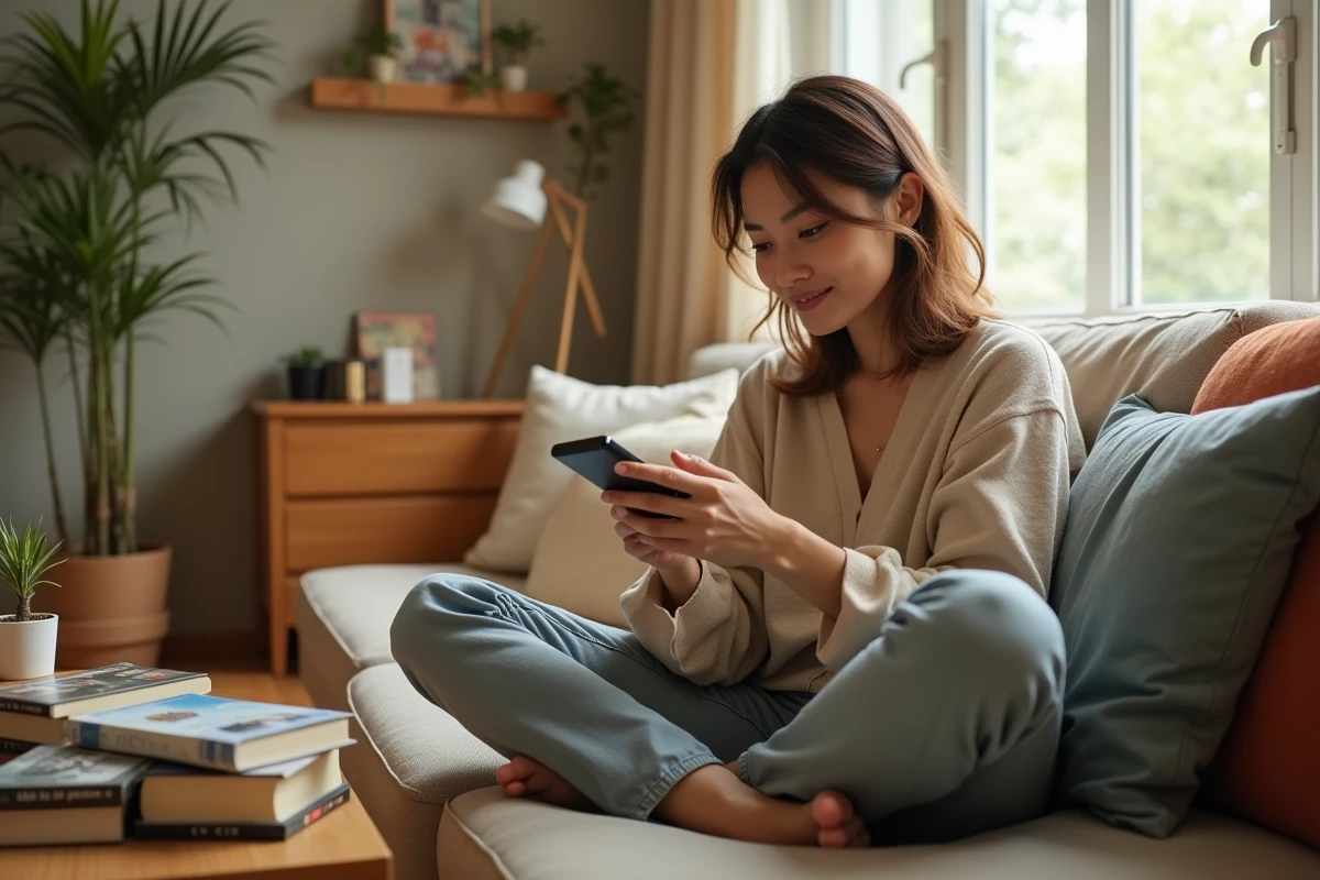 Femme détendue regardant spoilers manga sur son smartphone