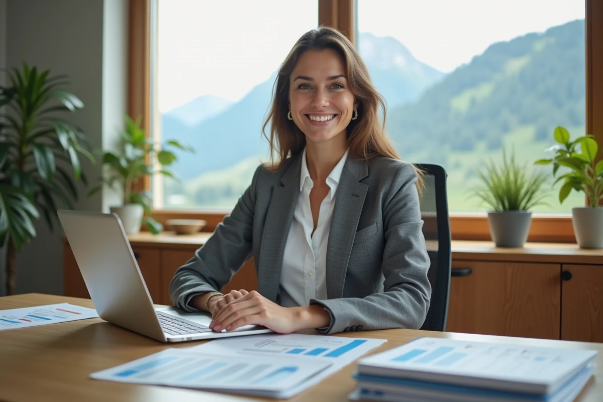 Jeune femme en bureau avec vue sur les Alpes