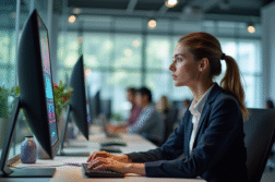 Femme d affaires attentive au téléphone dans un bureau moderne
