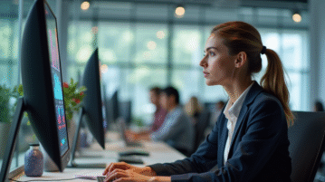 Femme d affaires attentive au téléphone dans un bureau moderne