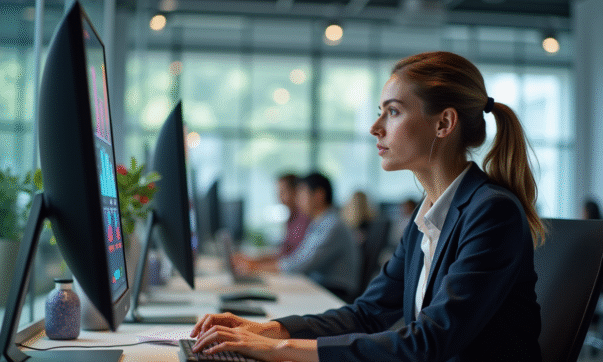 Femme d affaires attentive au téléphone dans un bureau moderne