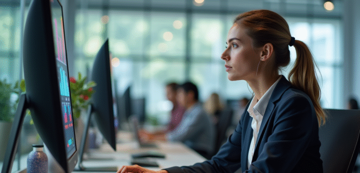 Femme d affaires attentive au téléphone dans un bureau moderne