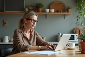 Femme d'âge moyen travaillant à la maison dans une cuisine moderne