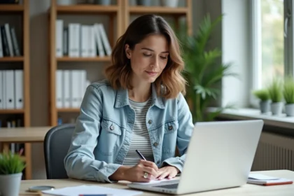 Femme assise à son bureau à domicile en denim et rayures
