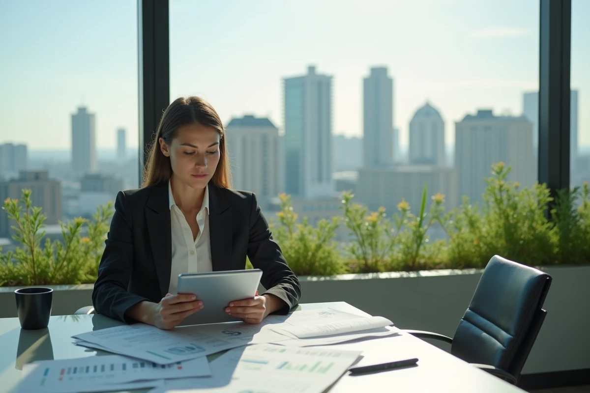 Femme au bureau analysant des rapports environnementaux