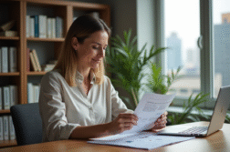 Femme d'âge moyen en tenue professionnelle dans un bureau moderne