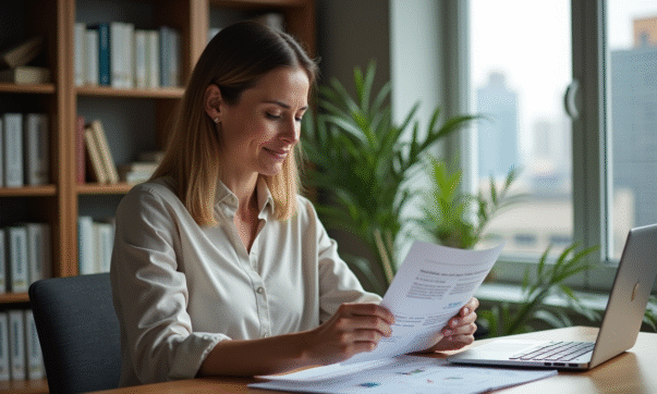Femme d'âge moyen en tenue professionnelle dans un bureau moderne