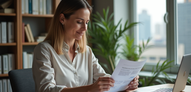Femme d'âge moyen en tenue professionnelle dans un bureau moderne