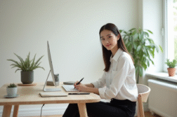 Jeune femme dans un bureau scandinave en train d'écrire