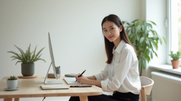Jeune femme dans un bureau scandinave en train d'écrire