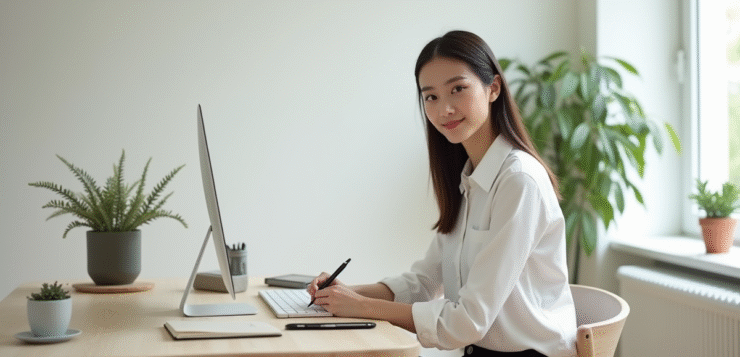 Jeune femme dans un bureau scandinave en train d'écrire