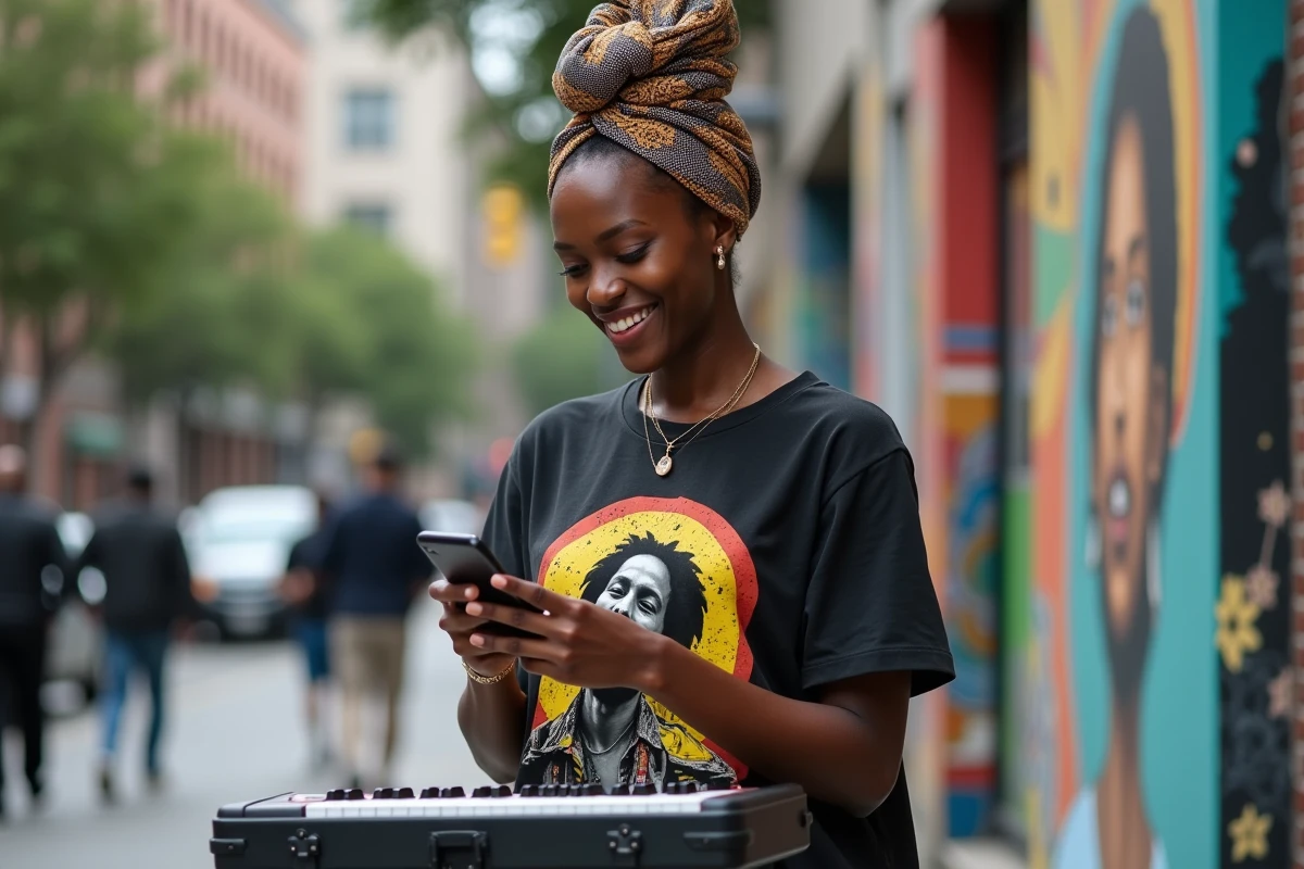 Jeune femme avec clavier dans la rue urbaine