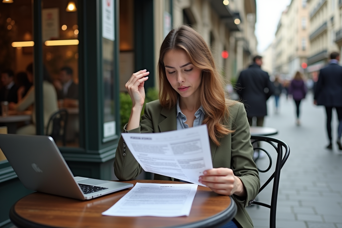 Jeune femme au café parisien compare des formulaires fiscaux