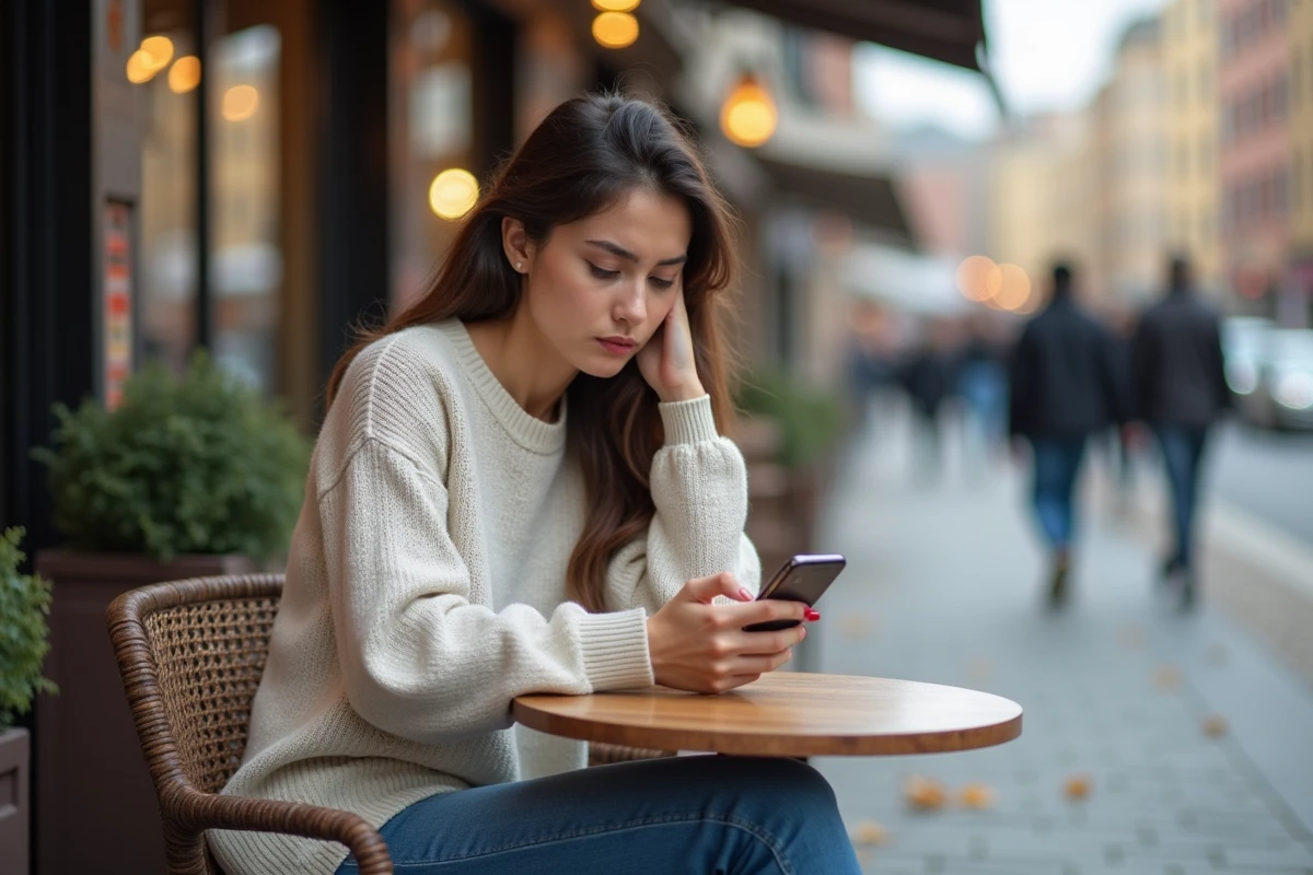 Jeune femme dans un café urbain utilisant son smartphone
