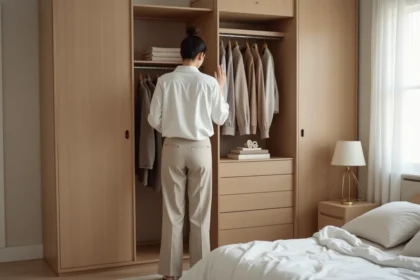 Femme choisissant des vêtements dans une chambre minimaliste