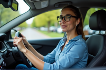 Femme en blouse bleue au volant d'une voiture moderne