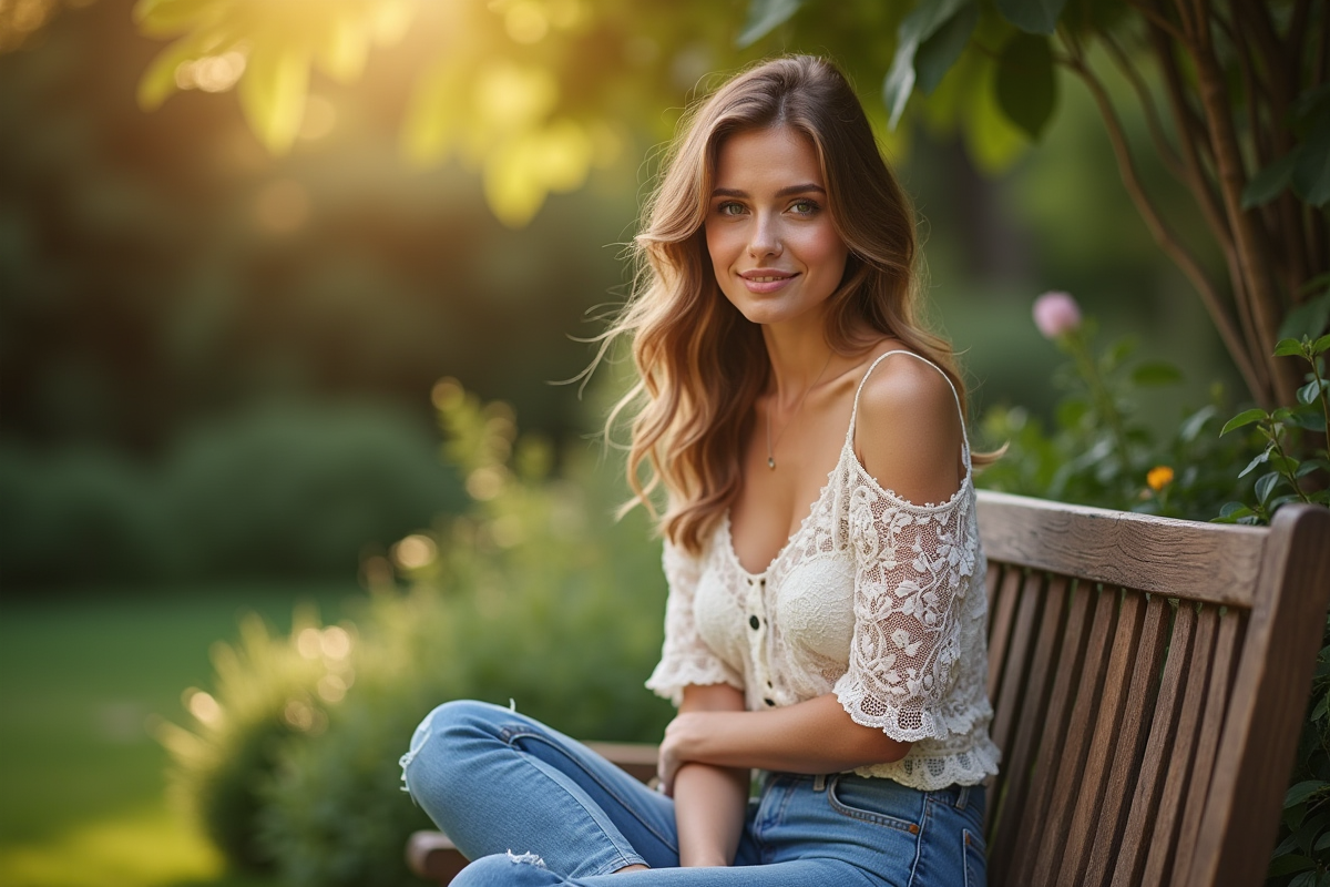 Femme en extérieur dans un jardin portant un haut en dentelle