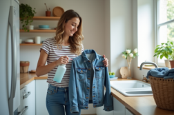 Femme en train de désinfecter une veste en denim propre