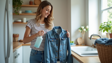 Femme en train de désinfecter une veste en denim propre
