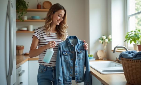 Femme en train de désinfecter une veste en denim propre