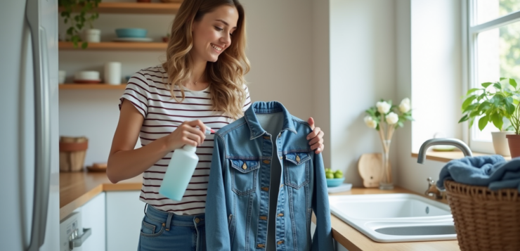 Femme en train de désinfecter une veste en denim propre