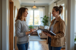 Femme discutant avec un chef d'équipe à l'entrée de la maison