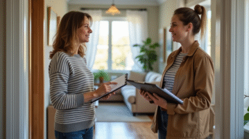 Femme discutant avec un chef d'équipe à l'entrée de la maison