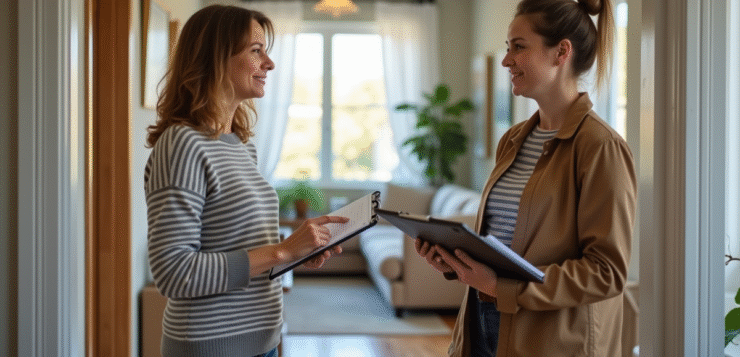 Femme discutant avec un chef d'équipe à l'entrée de la maison