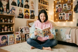 Jeune femme fan d'anime entourée de posters de personnages masculins dans une chambre décorée de figurines et de mangas