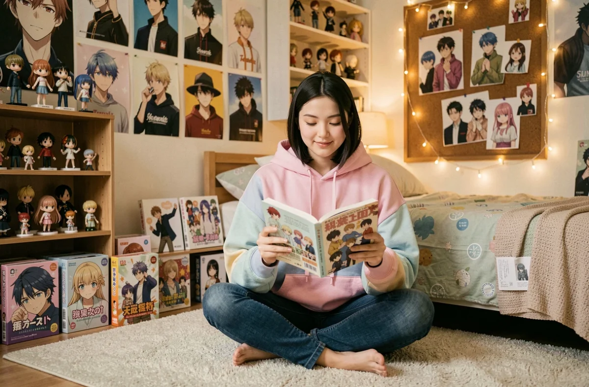 Jeune femme fan d'anime entourée de posters de personnages masculins dans une chambre décorée de figurines et de mangas
