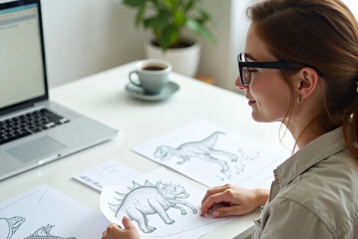 Femme consultant des fiches PDF imprimées de dessins de dinosaures sur un bureau blanc moderne
