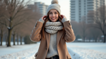 Jeune femme en hiver dans un parc urbain souriante