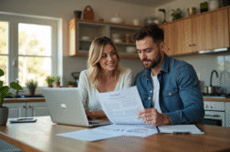 Couple confiant étudiant documents financiers à la cuisine