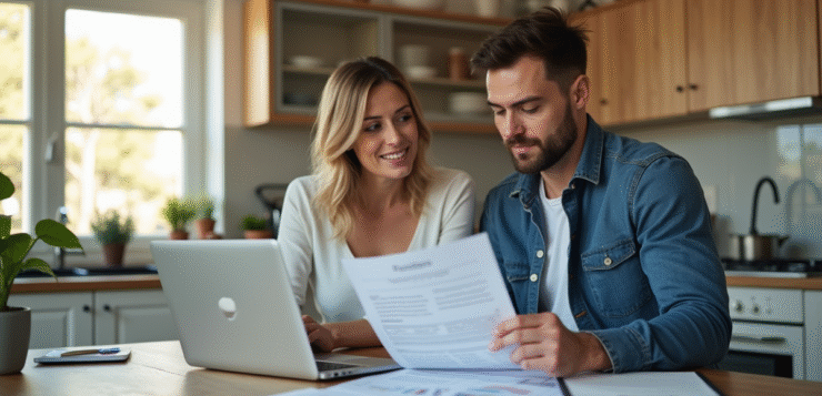 Couple confiant étudiant documents financiers à la cuisine